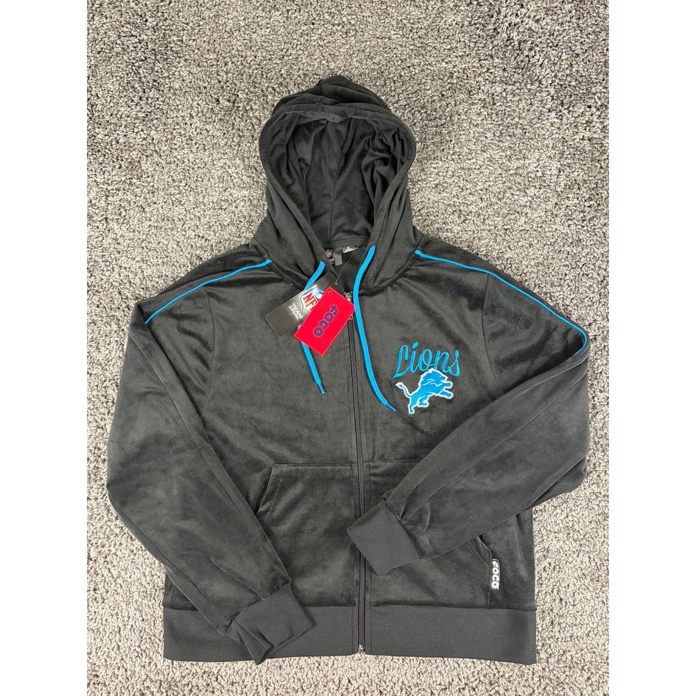 NFL Detroit Lions FOCO Womens Black Velour Full Zip Hoodie Jacket Medium NWT